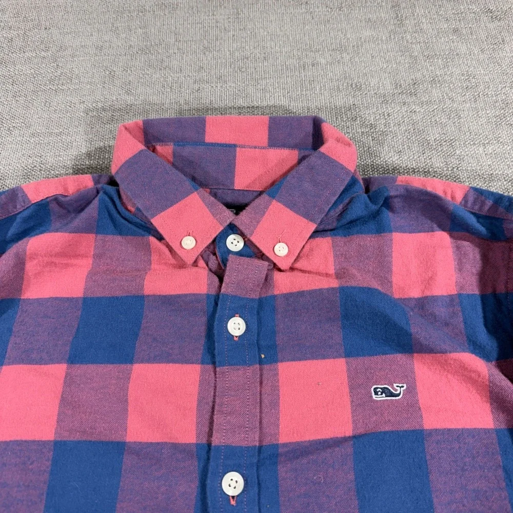 Vineyard Vines Button Down Shirt Boys L Pink Navy Blue Excellent Buffalo Check